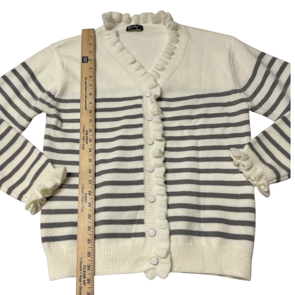 Pretty Garden Cardigan Sweater‎ Women M Stripes Nautical Buttons Soft Ruffle - Picture 5 of 9